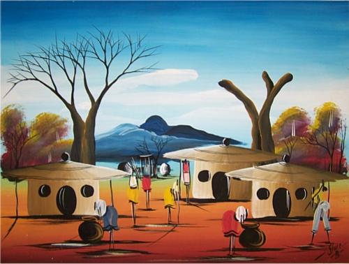 500x378 Acrylics - African Village Painting