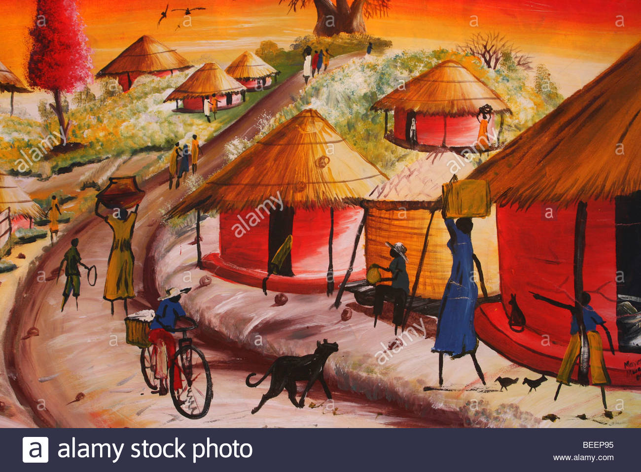 1300x956 African Painting In Reds And Oranges Showing Typical Village Scene - African Village Painting
