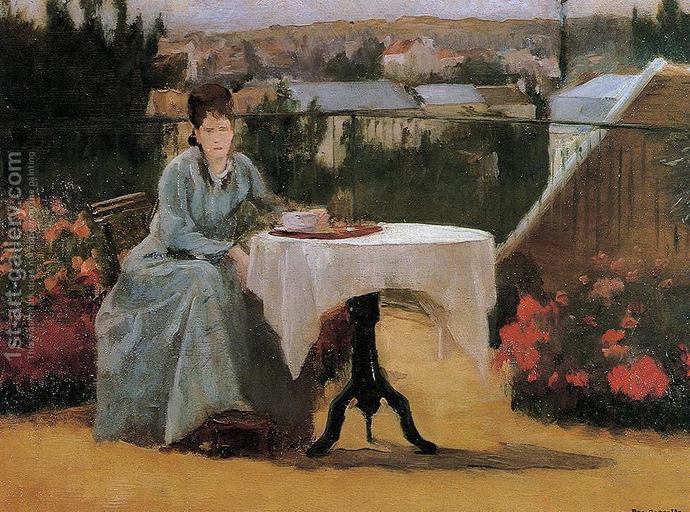 979x727 Afternoon Tea Or On The Terrace, 1875 Eva Gonzales Reproduction - Afternoon Tea Painting