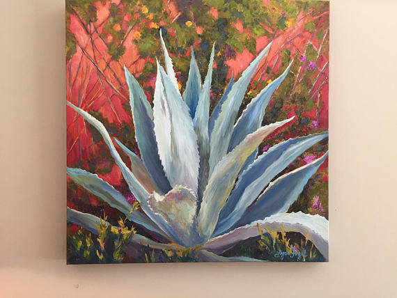 570x428 Agave Oil Paintingsucculent Paintingblue Succulentagave - Agave Painting