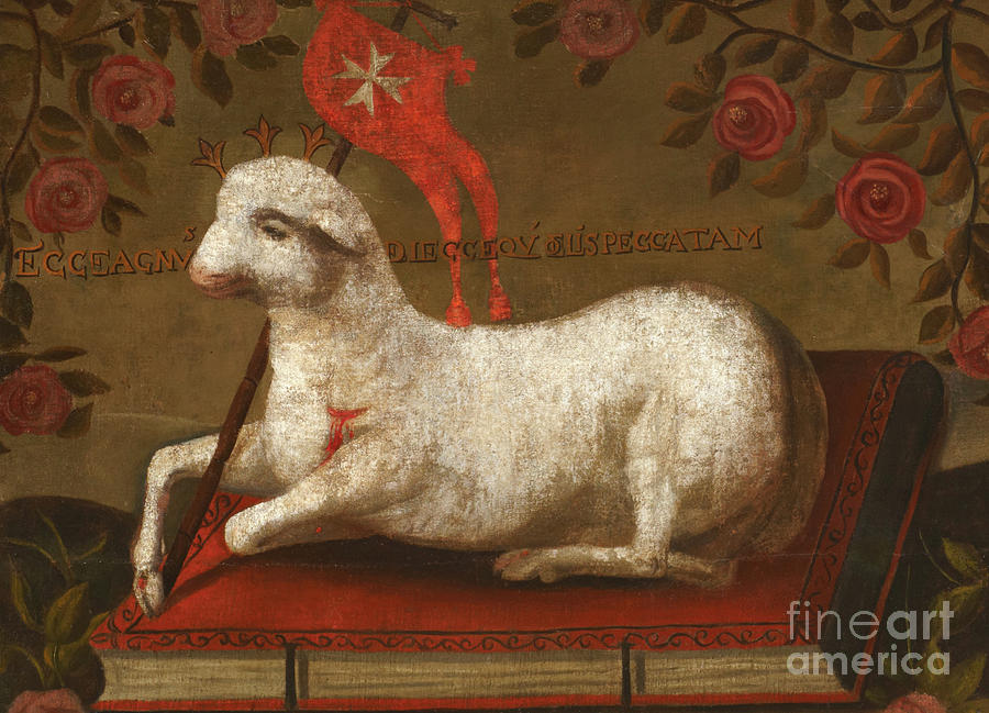 900x649 Agnus Dei With Banner Of The Order Of St John Painting By Spanish - Agnus Dei Painting