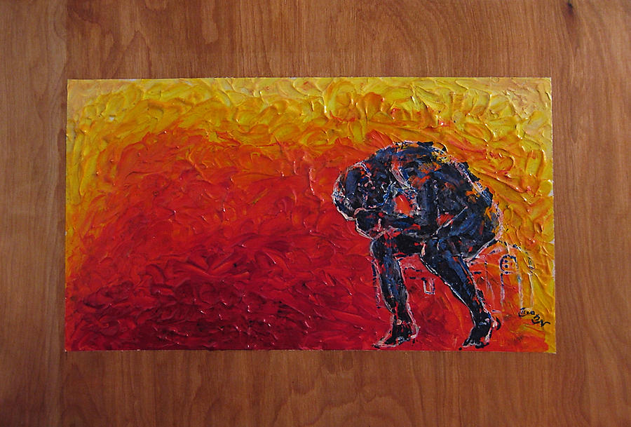 900x609 Agony Doubled Over In Flames On Wood Panel Painting By M Zimmerman - Agony Painting