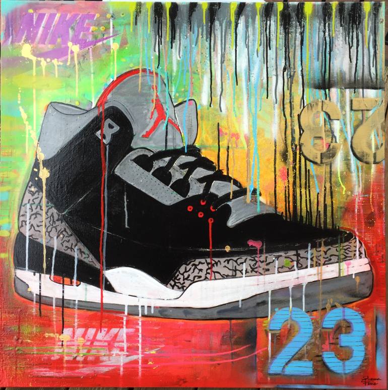 770x774 Saatchi Art Air Jordan 3 Black Cement Painting By Shannon Favia - Air Jordan Painting