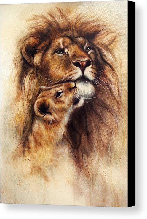 496x740 Beautiful Airbrush Painting Of A Loving Lion And Her Baby Cub - Airbrush Painting On Canvas