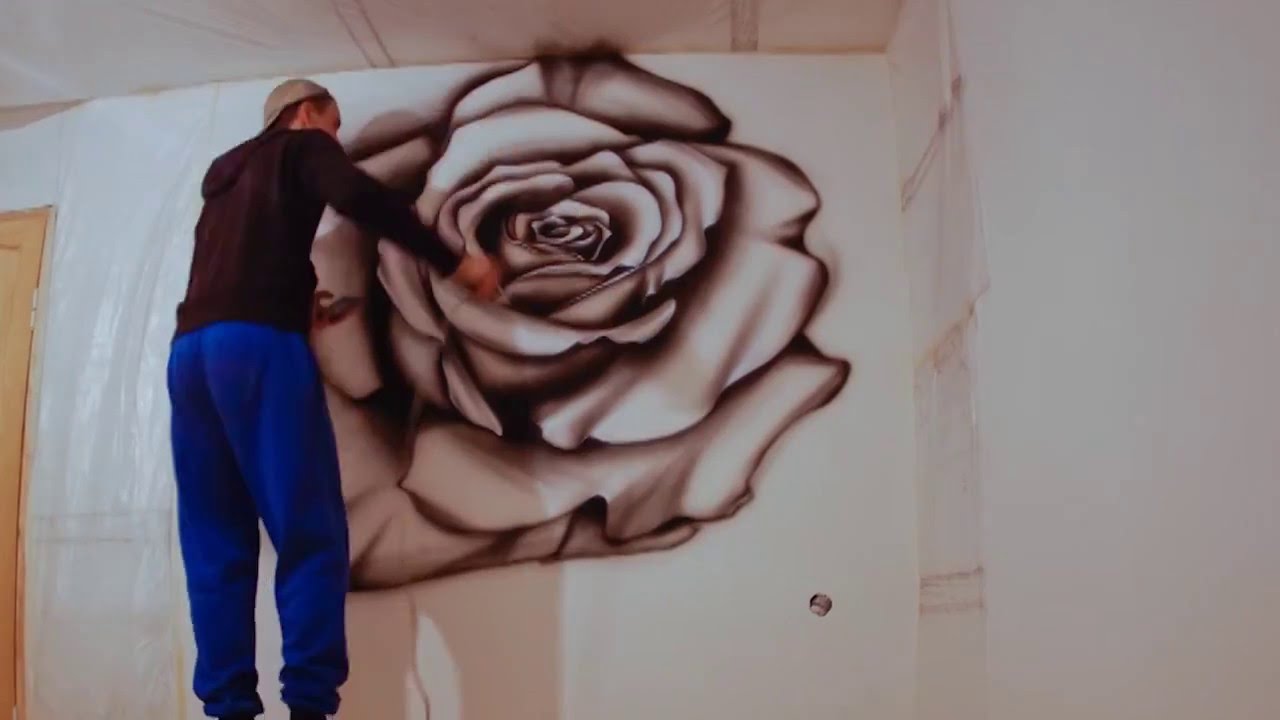 1280x720 Wall Painting, Airbrushing Red Rose. - Airbrush Wall Painting