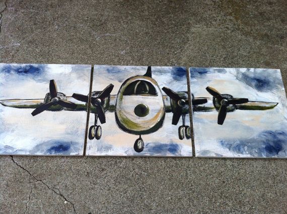 570x426 Airplane Painting, Acrylic On Wood, Customize Colors, Set Of 3 - Airplane Painting