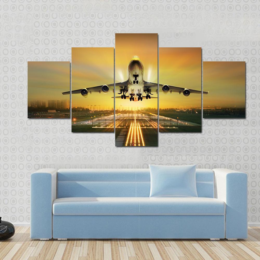1000x1000 Airplane Taking Off From Runway Multi Panel Canvas Wall Art - Airplane Painting On Canvas