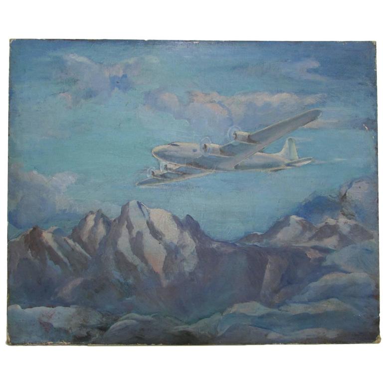 768x768 Dc 4 Airplane Oil On Canvas, Circa 1940 For Sale - Airplane Painting On Canvas