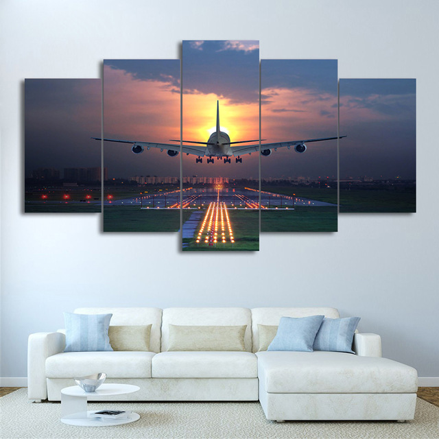 640x640 Hd Printed 5 Pieces Canvas Art Painting Sunset Airplane Lawn - Airport Painting