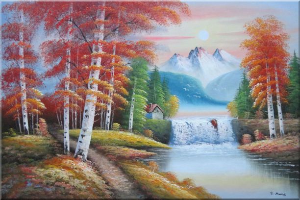 612x408 Small Waterfall Scenery In Alaska Colorful Autumn Oil Painting - Alaska Painting