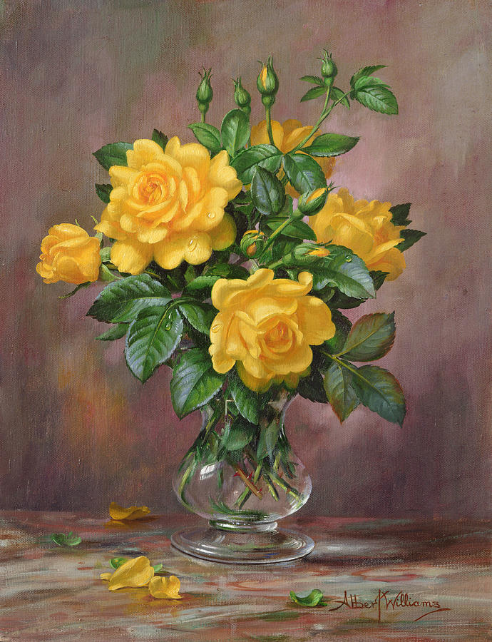 690x900 Radiant Yellow Roses Painting By Albert Williams - Albert Williams Painting