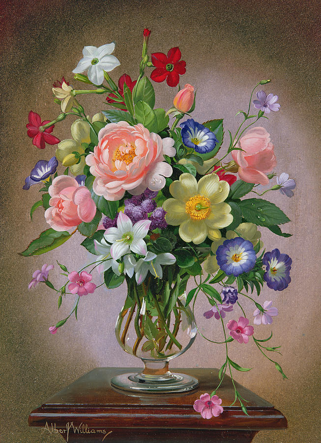 653x900 Roses Peonies And Freesias In A Glass Vase Painting By Albert Williams - Albert Williams Painting