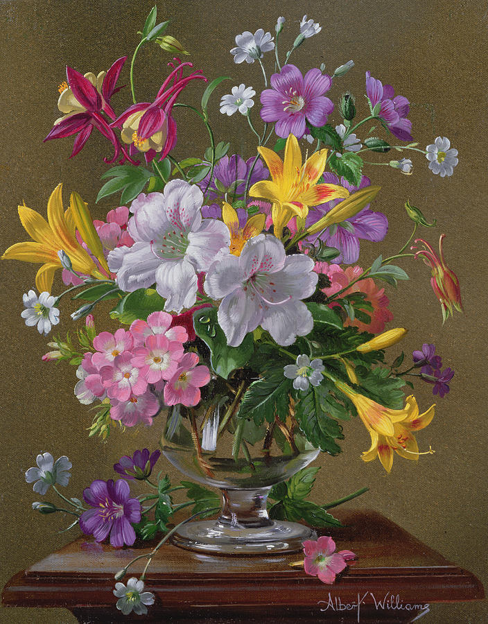 704x900 Summer Arrangement In A Glass Vase Painting By Albert Williams - Albert Williams Painting