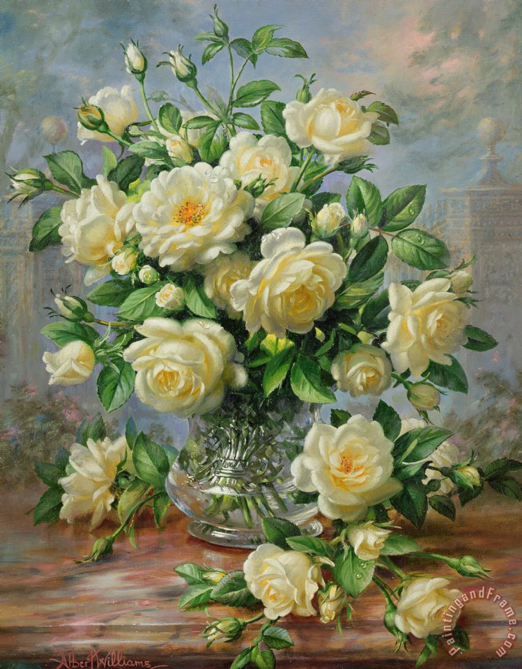 749x960 Albert Williams Princess Diana Roses In A Cut Glass Vase Painting - Albert Williams Painting