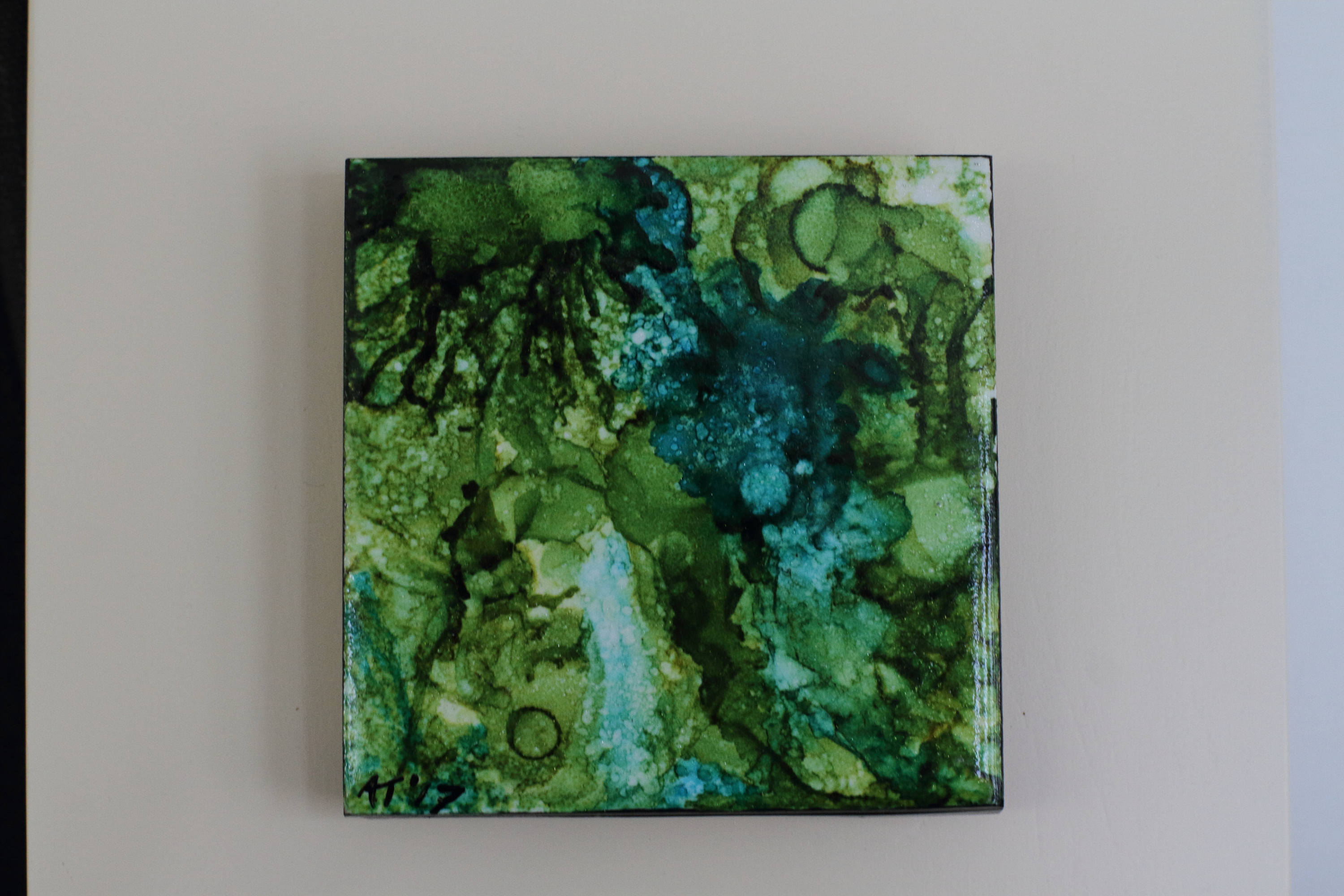 3000x2000 Original 3x3 Tile Alcohol Ink Painting (Green Splash), Ready - Alcohol Ink Painting