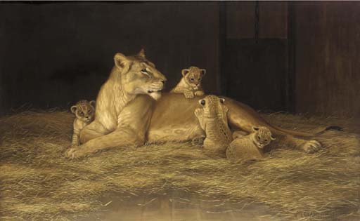 512x315 Alexander Pope (American, 1849 1924) Lioness And Her Cubs - Alexander Pope Painting