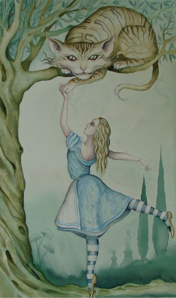 592x1000 Dominic Murphy Original Watercolour Painting Alice In Wonderland - Alice In Wonderland Cat Painting