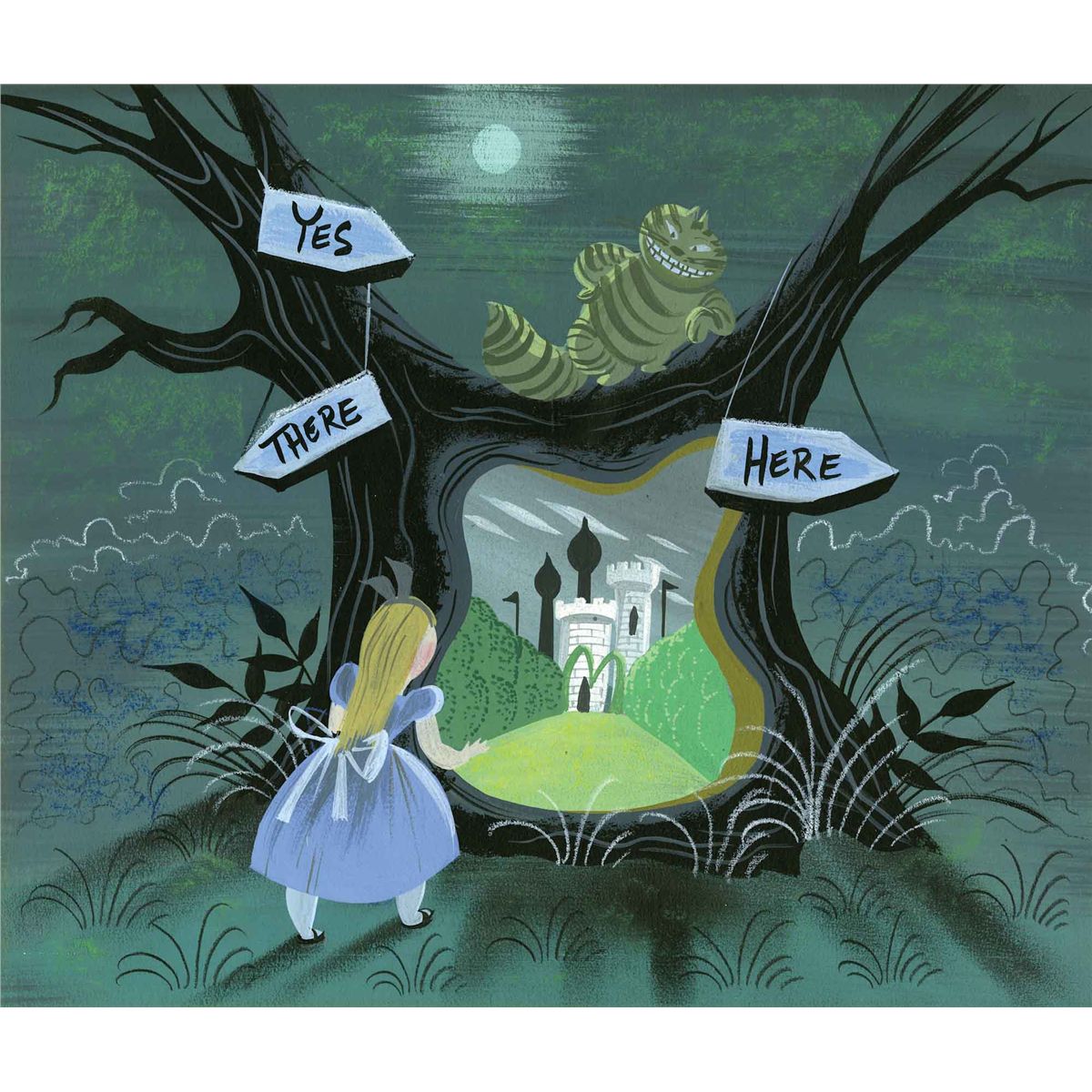 1200x1200 Mary Blair Concept Painting Of Alice Amp Cheshire Cat In The Tulgey - Alice In Wonderland Cat Painting