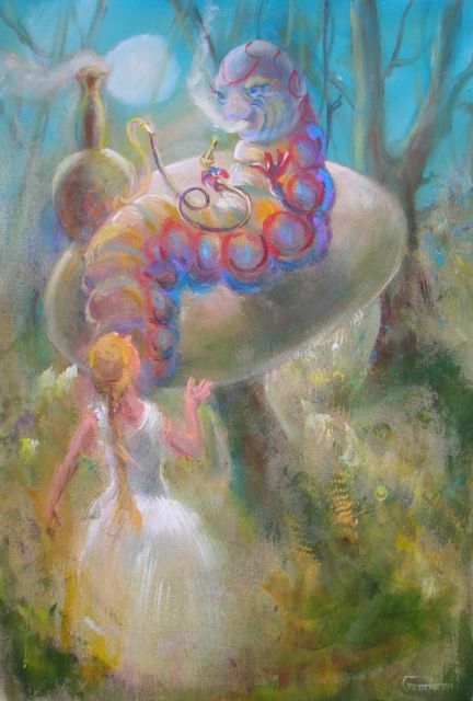 432x640 Leon Goodman Original Oil On Canvas Alice In Wonderland - Alice In Wonderland Caterpillar Painting