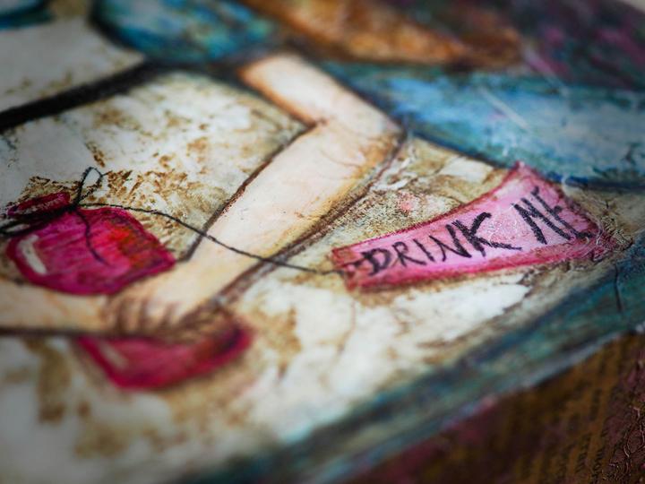 720x540 Drink Me By Danita Art. Original Mixed Media Alice Wonderland Painting - Alice In Wonderland Painting