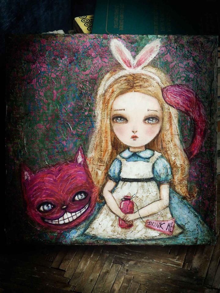 720x960 Drink Me By Danita Art. Original Mixed Media Alice Wonderland Painting - Alice Painting