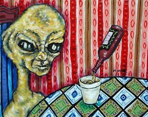 300x238 Alien Beer Painting Oil Original Art 16x20 Fantasy Imaginary Ufo - Alien Painting