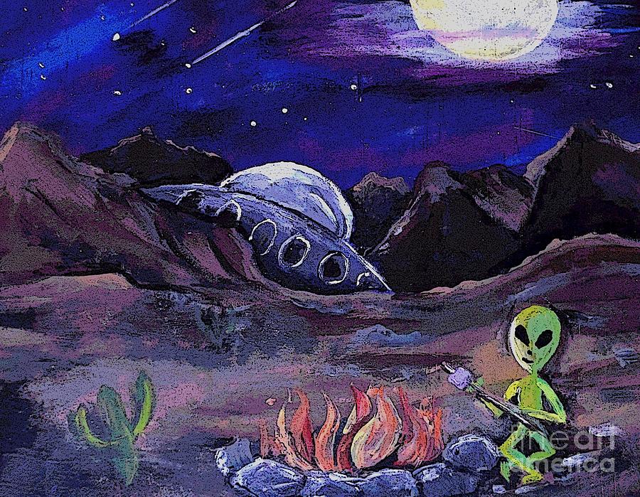 900x699 The Campfire Alien Painting By Valarie Pacheco - Alien Painting