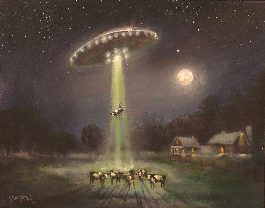 900x706 Ufo Got Milk Painting By Tom Shropshire - Alien Spaceship Painting
