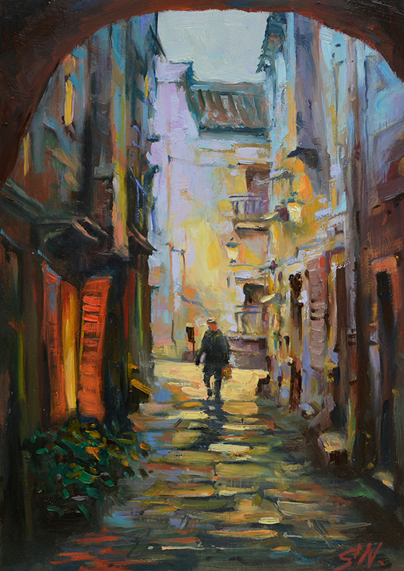 566x800 Sicilian Night Narrow Alley, Cityscape Oil Painting Street - Alley Painting
