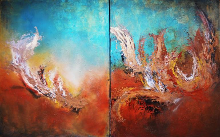 770x480 Saatchi Art Abstract Original Diptych Painting Turquoise Gold - Allure Painting