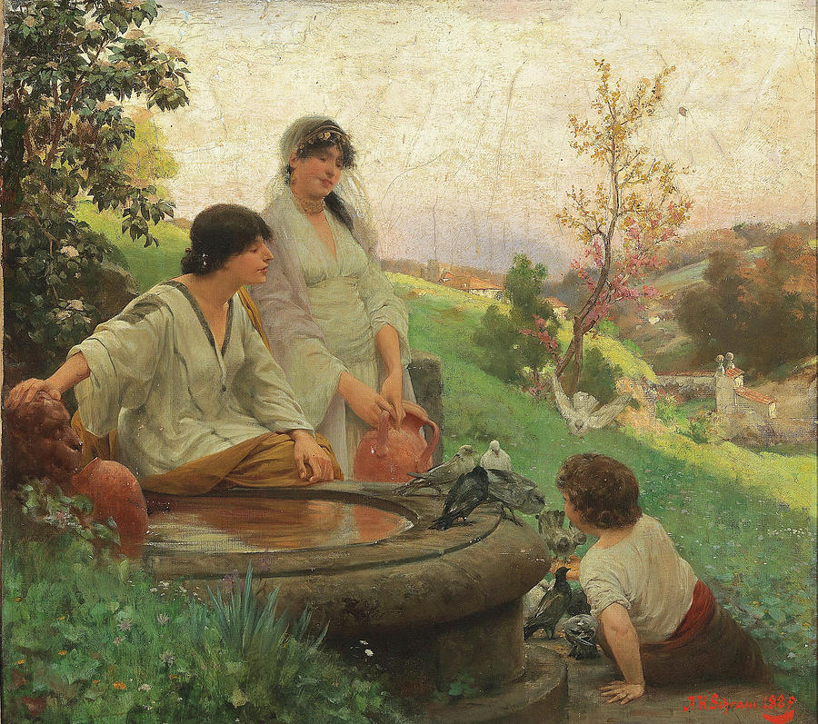 900x797 At The Fountain Painting By Alois Hans Schram - Alois Painting