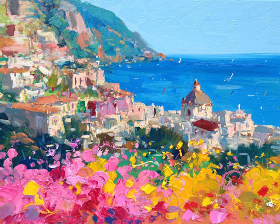 570x456 Positano Italy Painting Amalfi Coast Oil Painting Seascape - Amalfi Coast Painting