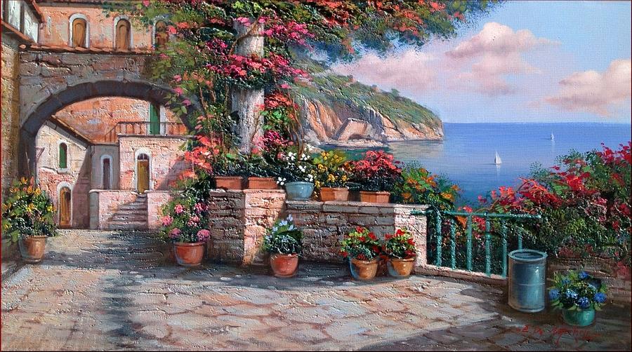 900x502 Amalfi Coast House Balcony Painting By Ernesto Di Michele - Amalfi Coast Painting