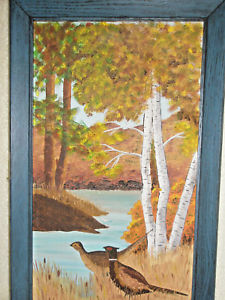 225x300 Vintage Amateur Oil Painting Pheasants In Forest - Amateur Oil Painting