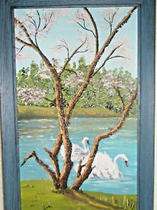 225x300 Vintage Framed Amateur Oil Painting Swans In Lake Blossoms Ebay - Amateur Oil Painting
