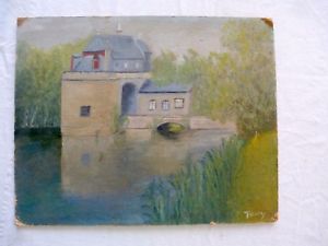 300x225 Vtg Original Oil Painting Small Country Scene Water Reflections - Amateur Oil Painting