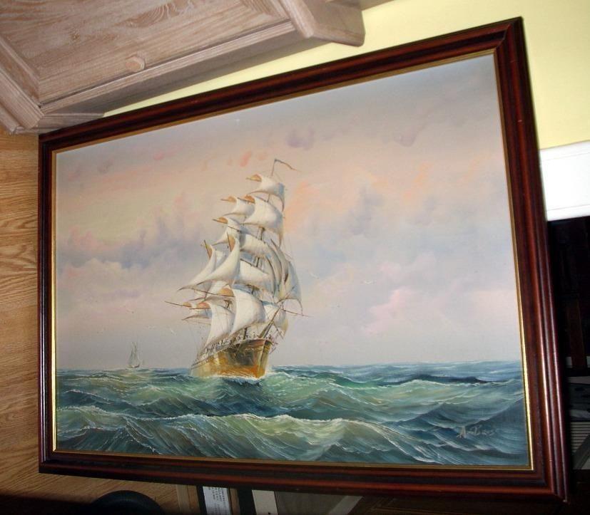 827x723 Large Tall Ship Oil On Canvas Painting By John Ambrose Rsma - Ambrose Painting