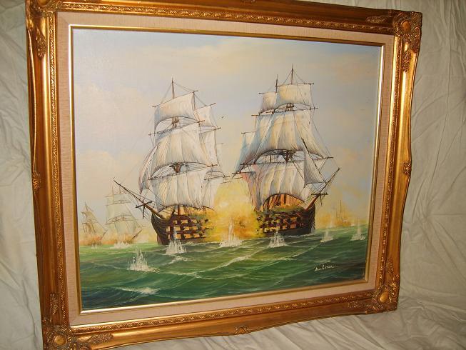 653x490 Oil Painting, Galleon Under Fire. Colchester Antiques - Ambrose Painting