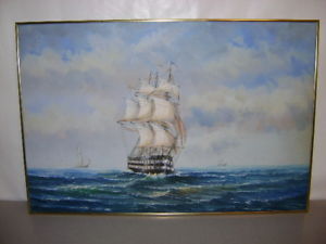 300x225 Tall Ship Oil On Canvas Painting Signed Ambrose Marine Art - Ambrose Painting