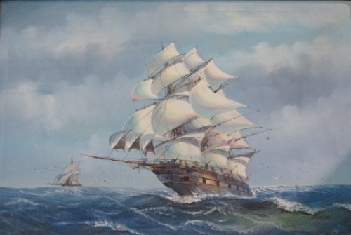 500x335 An Oil Painting By Ambrose Ships In Choppy Seas In Gilt - Ambrose Painting