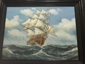 300x225 Ambrose Oil Painting On Canvas Ships At Sea Original Signed Framed - Ambrose Ship Painting