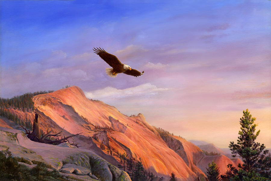 900x600 Flying American Bald Eagle Mountain Landscape Painting - American Bald Eagle Painting
