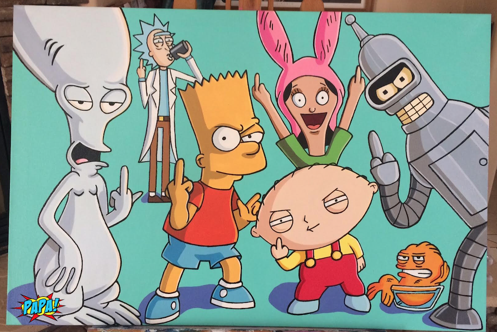 1017x679 Bart Simpson Roger Stewie Claus Bender Bob's Burgers Futurama - American Dad Painting