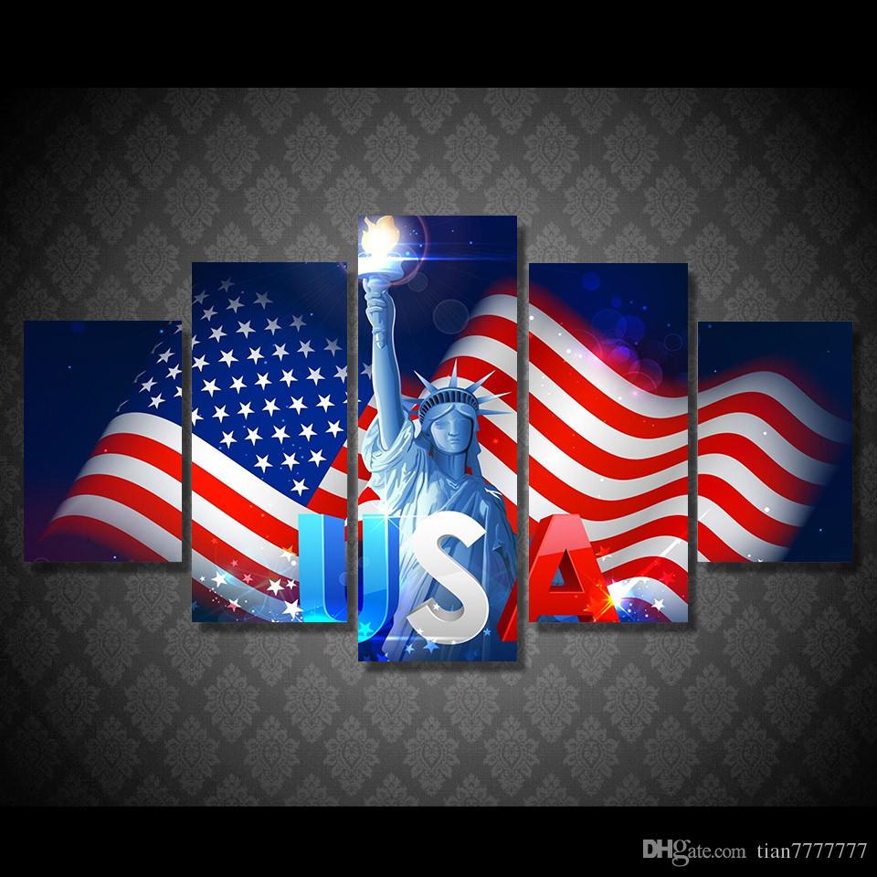 960x960 2018 Statue Of Liberty Usa Flag Canvas Painting 5 Panel No Frame - American Flag Canvas Painting