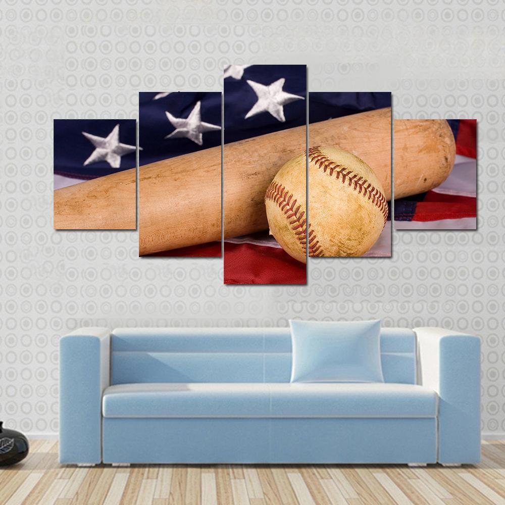 1000x1000 Old Baseball And Bat With American Flag Multi Panel Canvas Wall - American Flag Canvas Painting