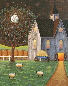 236x296 Evening Glow Folk Art Painting By Mary Charles Prints - American Folk Art Painting