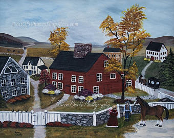 340x270 American Folk Art Print New England Seaside Village Print - American Folk Painting
