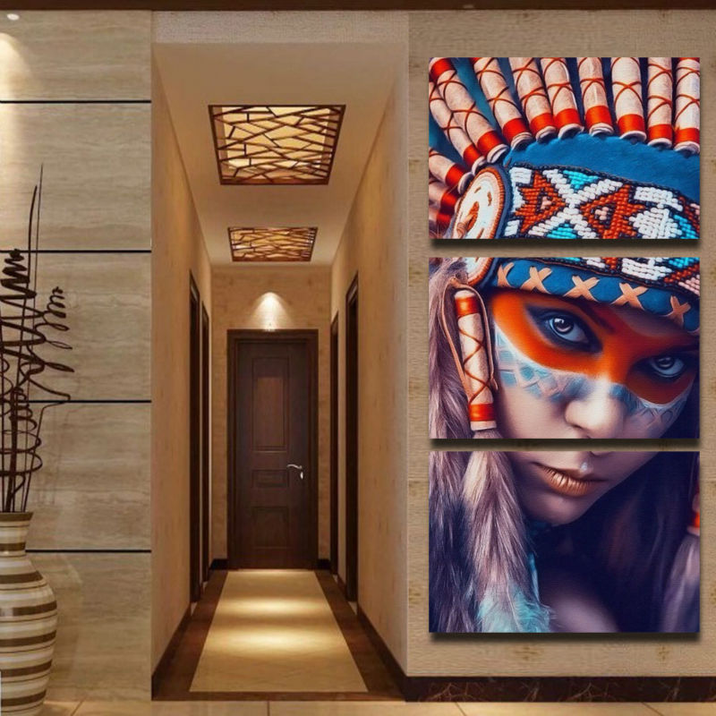 800x800 Framed 3pcs Abstract Print The Indians Feathered Home Decor Canvas - American Girl Painting