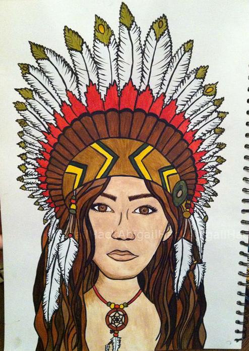 494x695 Native American Girl Watercolour Painting By Abigailthomas - American Girl Painting