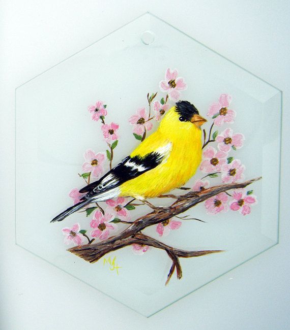570x650 Hand Painted Glass Ornament American Goldfinch By Harmanart - American Goldfinch Painting